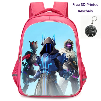 FORTNITE 16-inch Durable Lightweight Backpack, Dual Zipper Pockets, Cartoon Style for Boys & Girls 6-10,Free 3D Printed Keychain