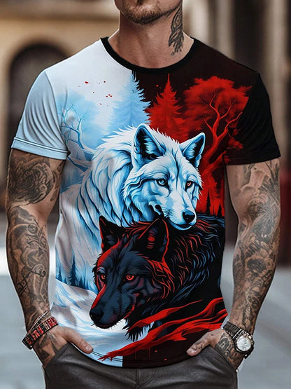 Different Pupil Wolf Print Men's T-shirt Men's Daily Casual T-shirt Urban Street Fashion Short-sleeved Summer Outdoor Sports Tee