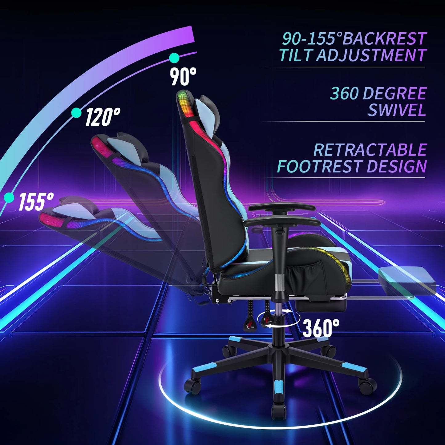 250Lbs Load LED Gaming Chair for Children 8-15 Years, Adjustable Gamer Chair with LED Lighting, Footrest & Lumbar Support