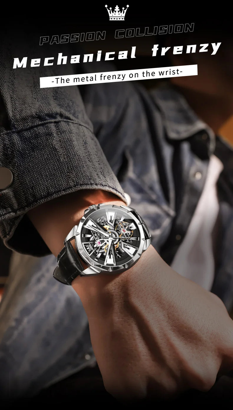 OLEVS 7051 Fashion Men's Watch Leather Strap 30M Waterproof Hollow HD Luminous Automatic Mechanical Wristwatch for Men