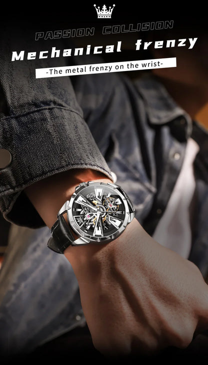 OLEVS 7051 Fashion Men's Watch Leather Strap 30M Waterproof Hollow HD Luminous Automatic Mechanical Wristwatch for Men