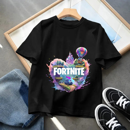 Fortnites Kids Black Cotton T-Shirt Fortress Night Baby Short Sleeve Tees Shirt Cartoon Boy Girl Summer Clothes Kawaii Tops Gift