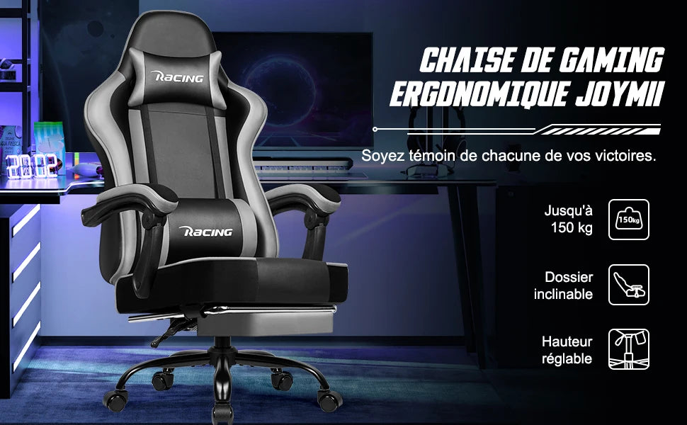 Daccormax Ergonomic Gaming Chair with Footrest, Reclining 170°, PU Leather Racing Chair with Lumbar Support and Headrest