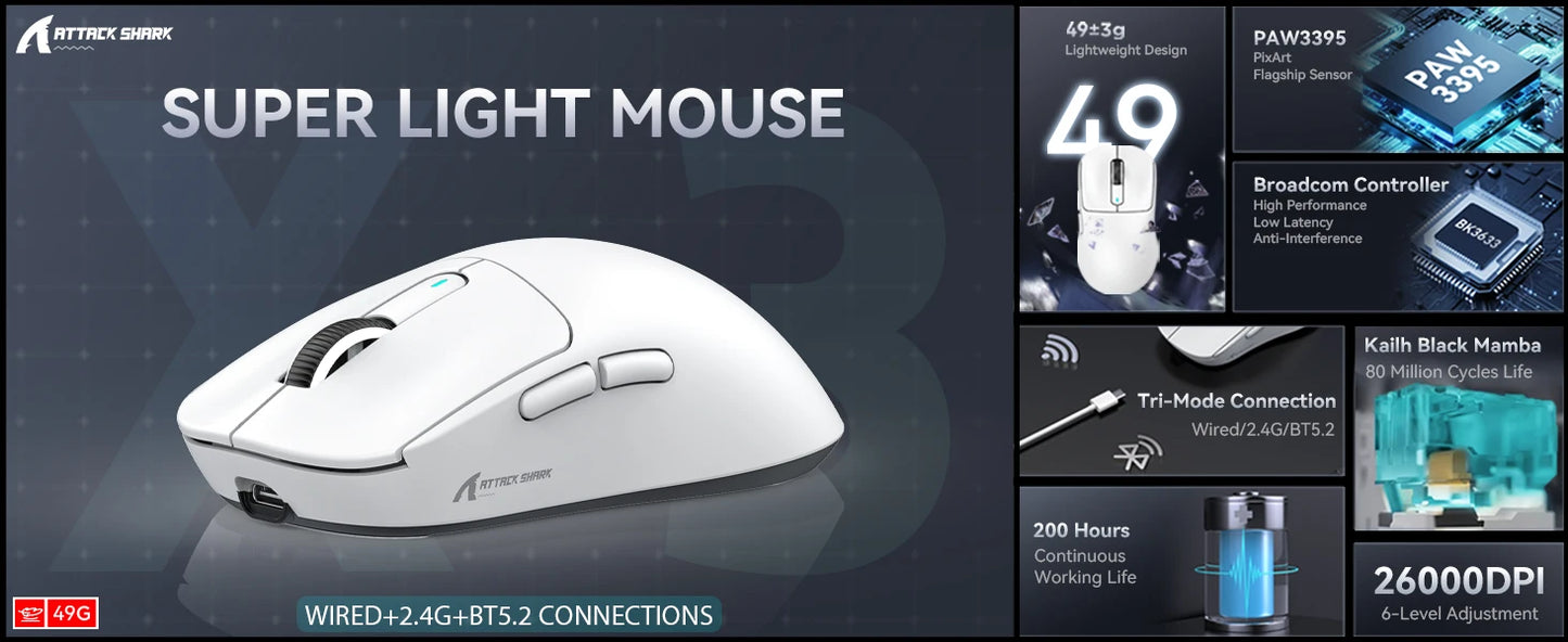 Attack Shark X3/X3PRO 4K/8K Tri-mode Gaming Mouse, PixArt PAW3395 Sensor, 26K DPI, 49g Ultralight, BT/2.4G Wireless/Wired, for PC