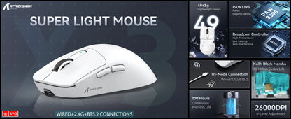 Attack Shark X3/X3PRO 4K/8K Tri-mode Gaming Mouse, PixArt PAW3395 Sensor, 26K DPI, 49g Ultralight, BT/2.4G Wireless/Wired, for PC