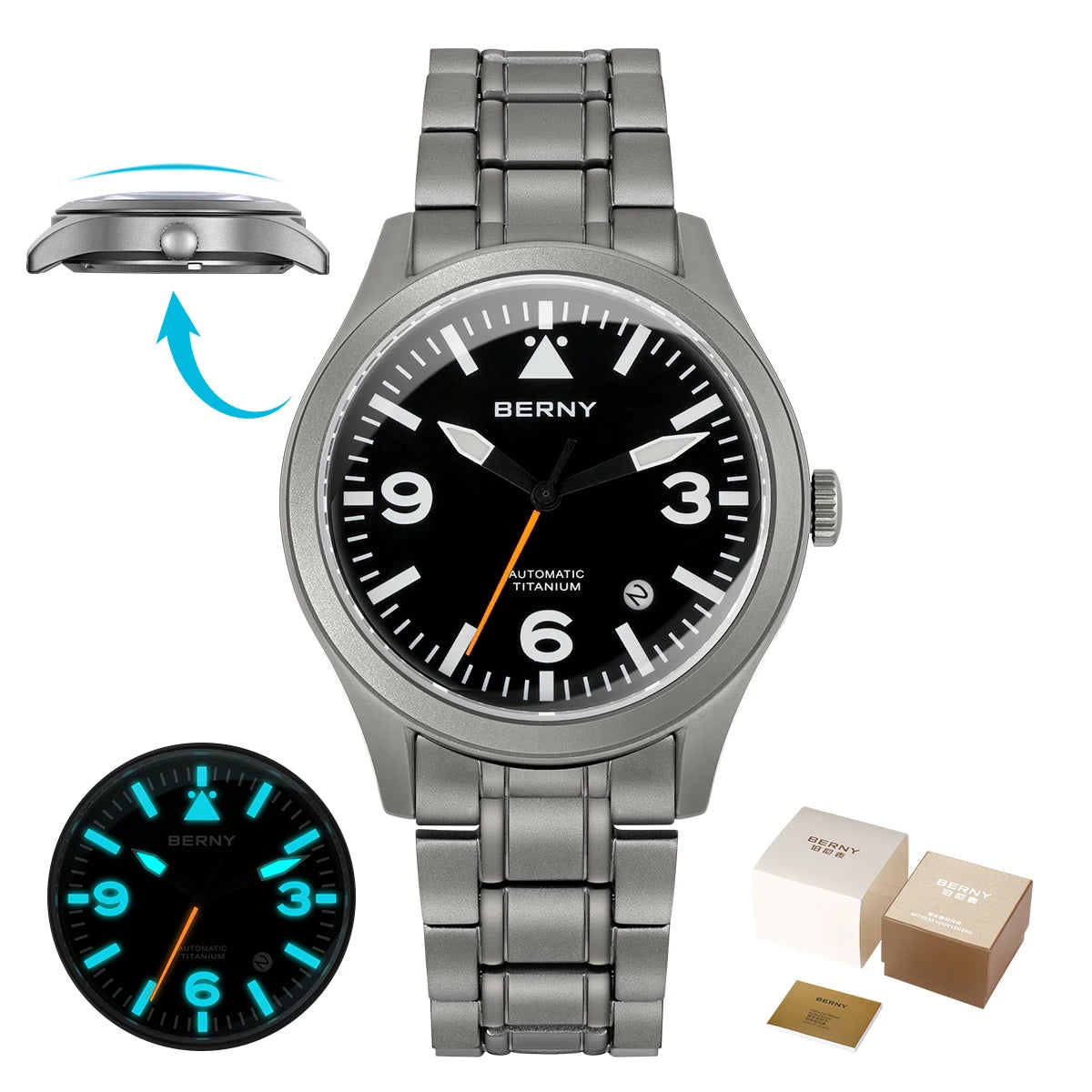 BERNY Full Titanium Automatic Watch for Men Sapphire AR Coated 10Bar Supper Luminous Men Wristwatch Sports Aviation Men Watches