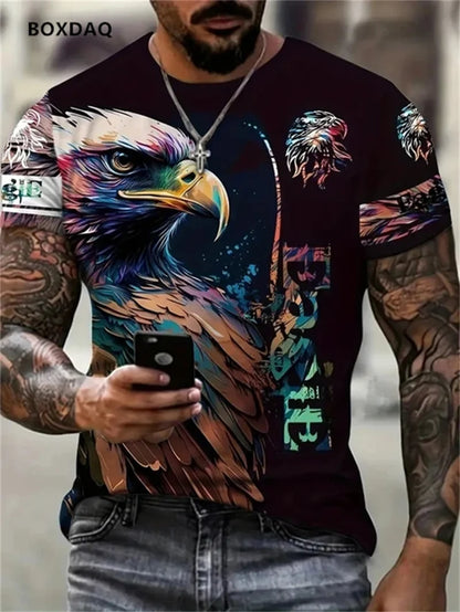 Moška majica Fashion Eagle, ohlapen kroj, okrogel ovratnik, ležeren zgornji del s kratkimi rokavi, 3D živalski potisk, ulična T-shirt majica, velika velikost 6XL, zračna majica