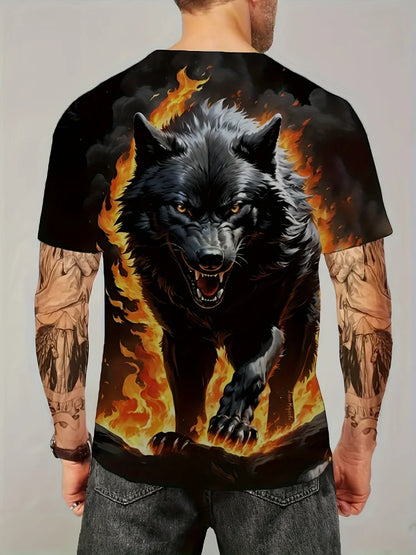 Men 3D Pattern Fire Wolf Graphic Print T-Shirt Summer Oversized Causal T-Shiet Men's Fashion Fitness Short Sleeve Clothing Tops