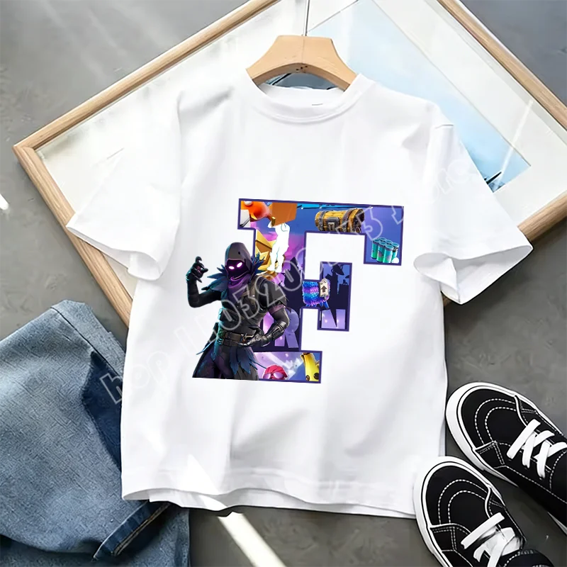 Fortnite A-Z Alphabet Print T-Shirt Summer Kids White Clothing Popular Cartoon Game T-Shirt Fashion Casual Short Sleeve Top Gift