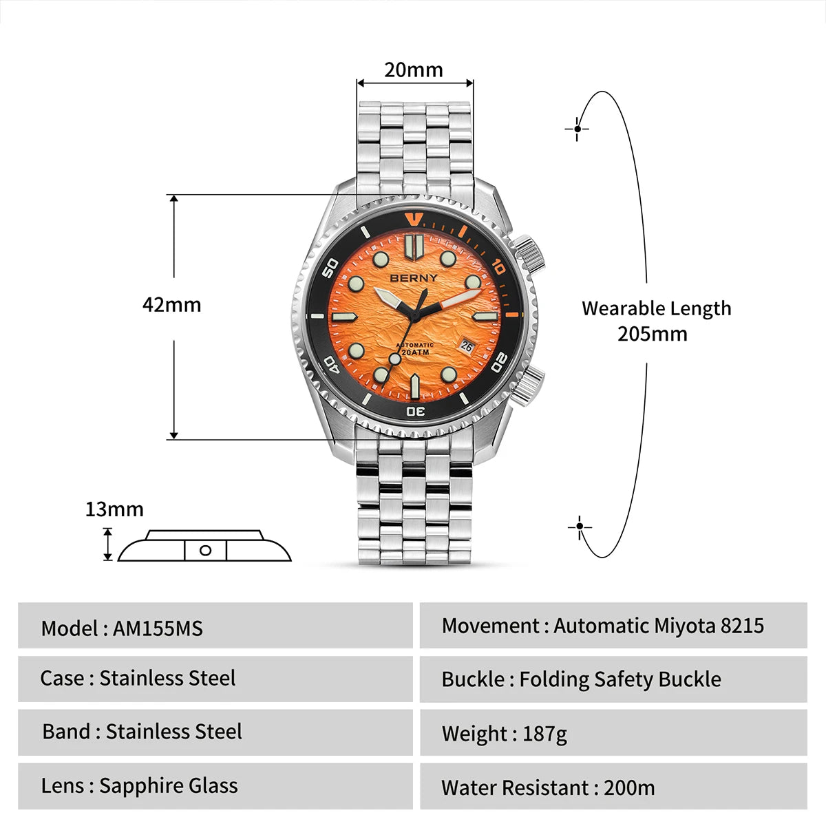 BERNY Diver Automatic Watches Men's Luxury Sapphire 316L Stainless Steel Mechanical Watch 42MM 200M Waterproof Diving Men Watch