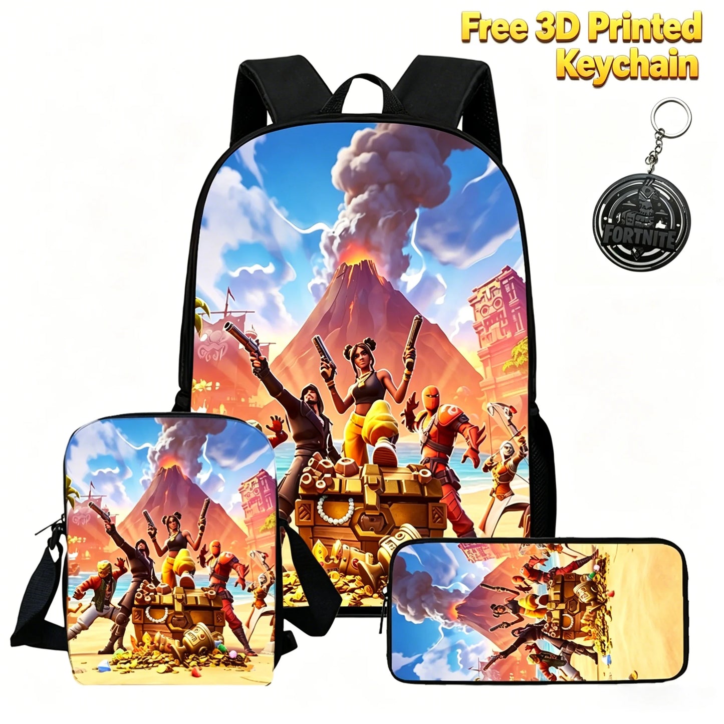 3Pcs Kids Backpack Set, Crossbody & Pencil Bag, FORTNITE Cartoon Bag, Lightweight for Boys and Girls Ages 5-10, Free 3D Printed Keychain
