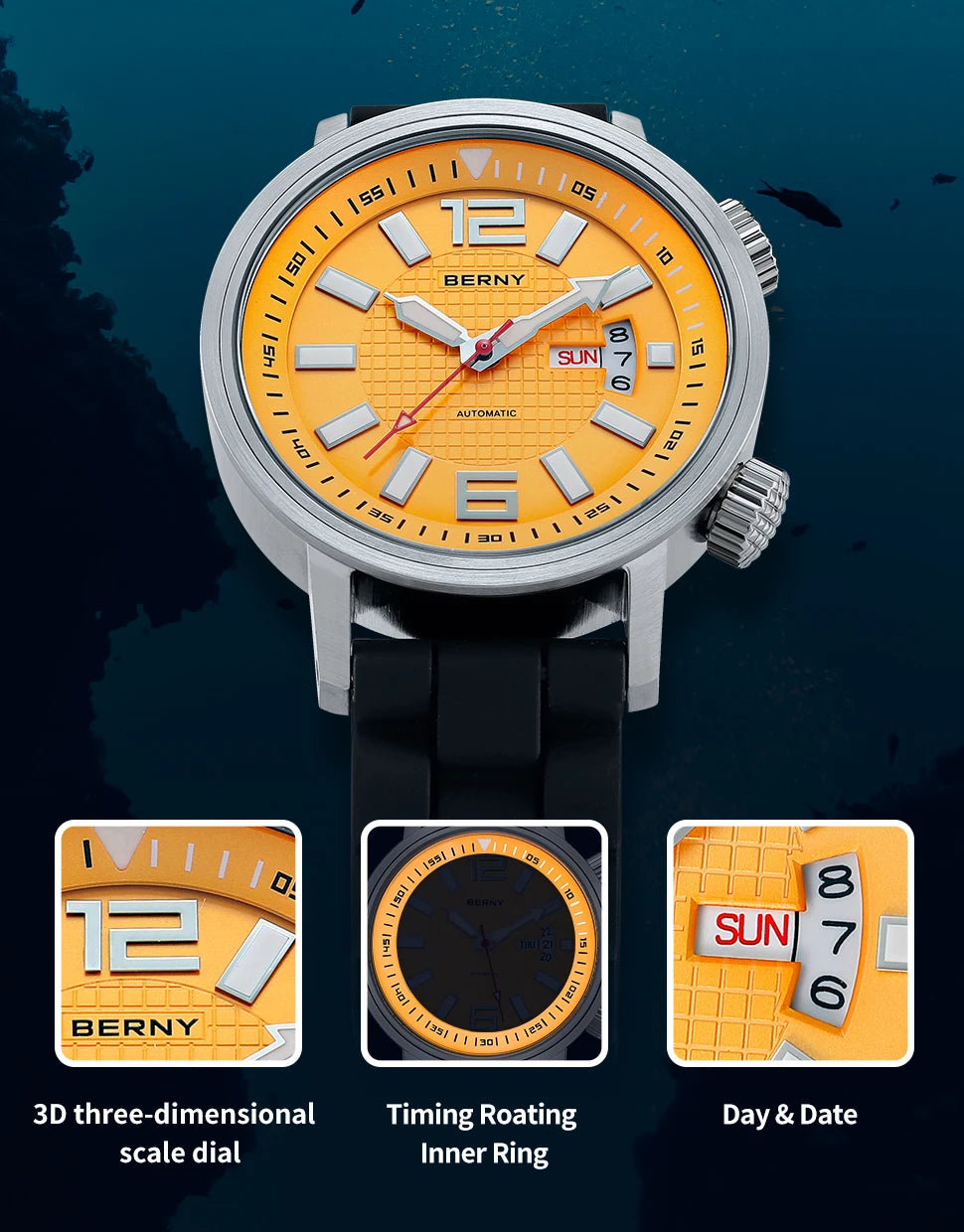 BERNY 20ATM Diver Automatic Mechanical Watch for Men Super Luminous Waterproof Swimming Dive Wristwatch Sapphire Self Winding