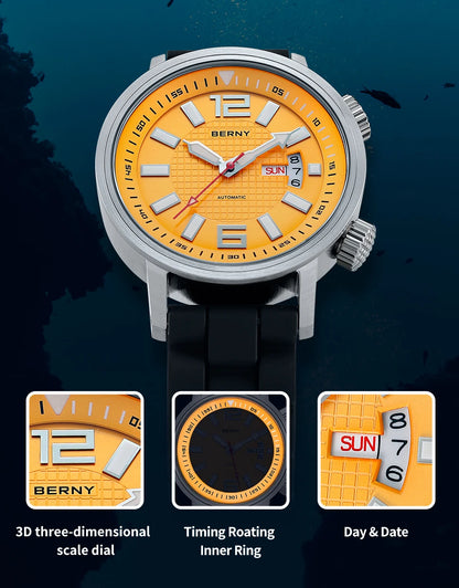 BERNY 20ATM Diver Automatic Mechanical Watch for Men Super Luminous Waterproof Swimming Dive Wristwatch Sapphire Self Winding
