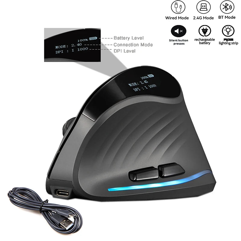 Rato vertical sem fios recarregável com ecrã — rato ergonómico gaming programável de 6 botões para jogador em desktop