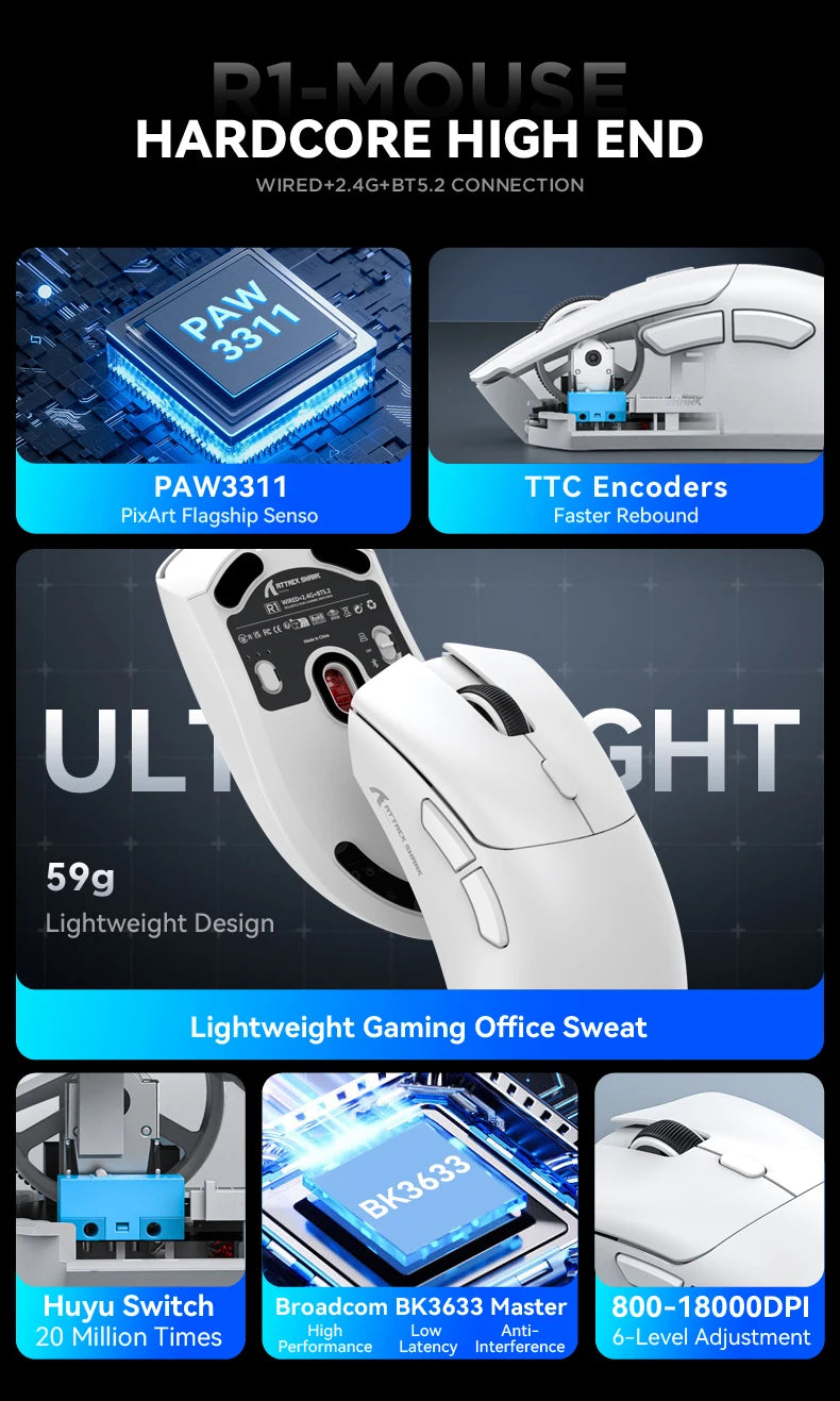 Attack Shark R1 18000dpi Wireless Mouse, 1000Hz, Tri-mode Connection, PAW3311, Macro Gaming Mouse
