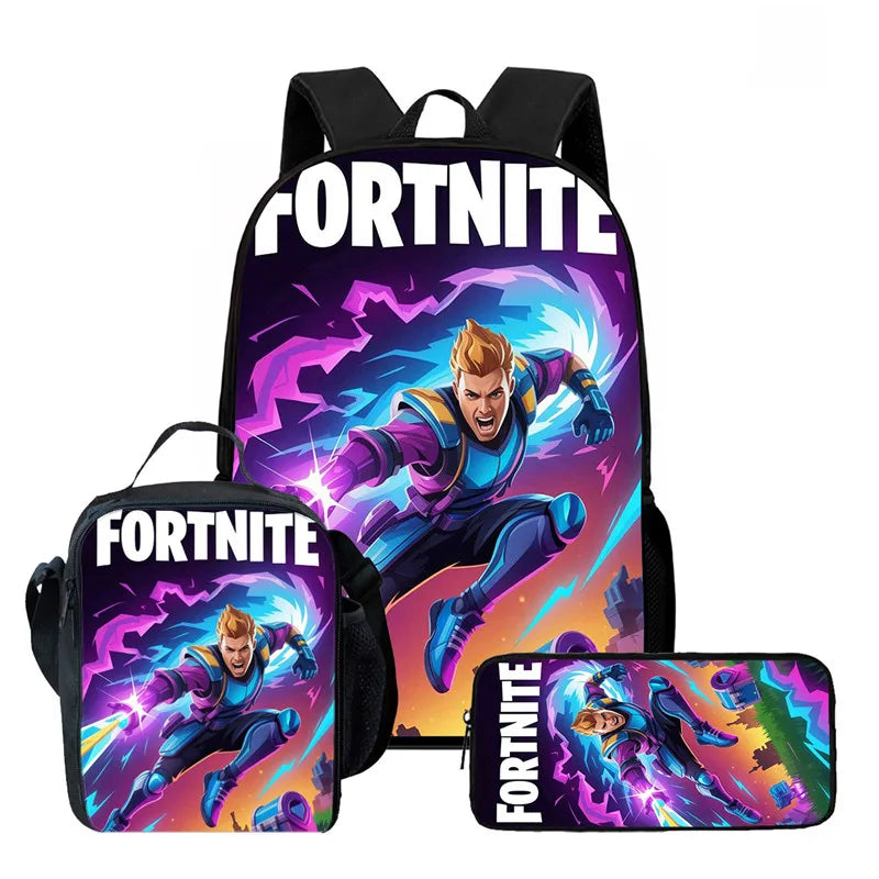 Fortnite Cartoon 3pcs Backpack Set for Boys Girls Unisex Including School Bag Lunch Bag Pencil Case Suitable for ages 5-8