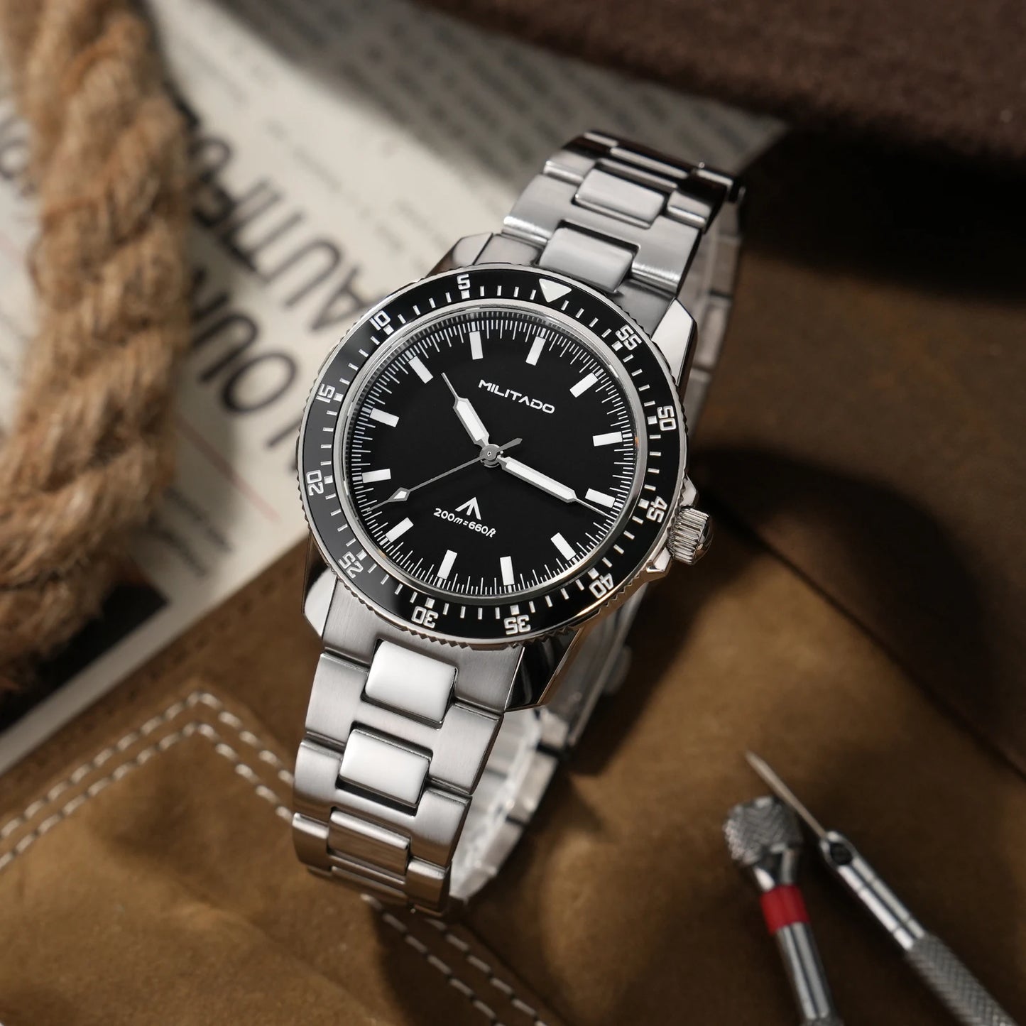 MILITADO ML25 VH31 Sweep Second Quartz Watch Men Swiss Ronda 515 Movement 200m Sapphire Crystal Ceramic Bezel 316L Steel Watches