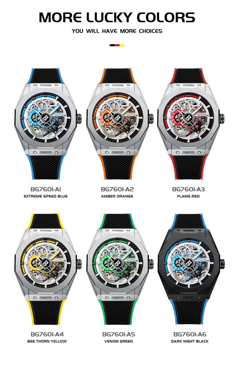 BONEST GATTI BG7601 Men Automatic Mechanical Watch Sapphire Crystal Waterproof Luminous Rubber Strap Wristwatch