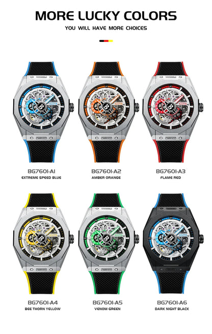 BONEST GATTI BG7601 Men Automatic Mechanical Watch Sapphire Crystal Waterproof Luminous Rubber Strap Wristwatch