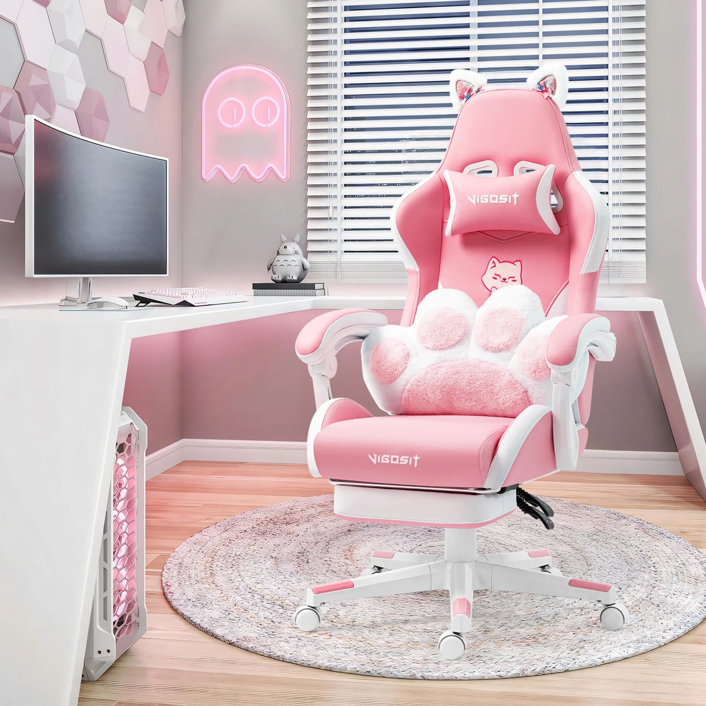 Vigosit Gaming chair Cute Ears and Kawaii Pillow Ergonomic Computer Game chair for girls with Lumbar Support