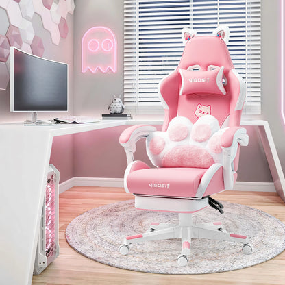 Vigosit Gaming chair Cute Ears and Kawaii Pillow Ergonomic Computer Game chair for girls with Lumbar Support
