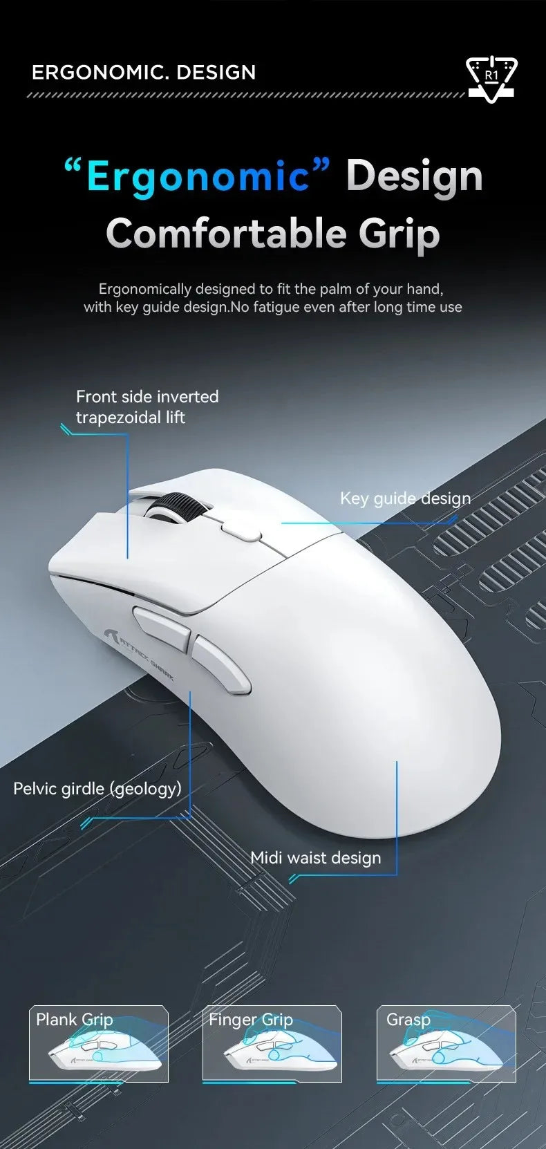 Mouse ultra-leggero ATTACK SHARK R1 59g con PAW3311, 18000DPI, 400IPS, 40G, 1000Hz, Tri-Mode, master Broadcom BK3633, 20 milioni di clic