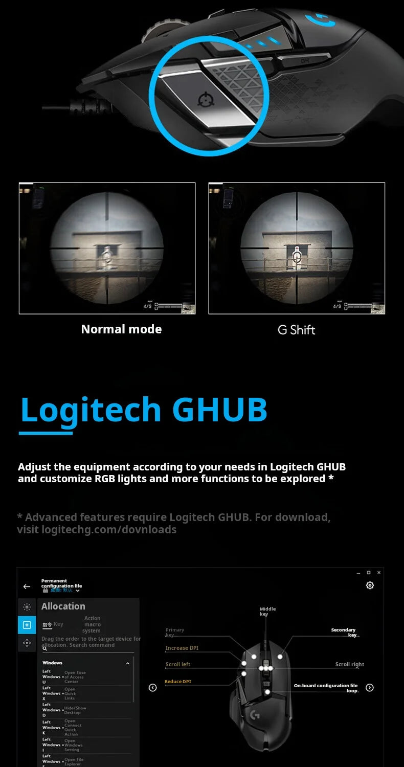 Rato gaming com cabo Logitech G502 HERO para e-sports, rato mecânico RGB com peso ajustável e macro programável para battle royale