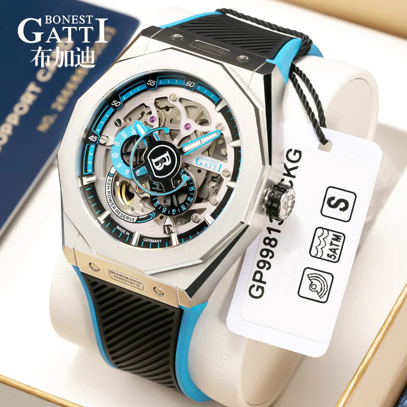 BONEST GATTI BG7601 Men Automatic Mechanical Watch Sapphire Crystal Waterproof Luminous Rubber Strap Wristwatch