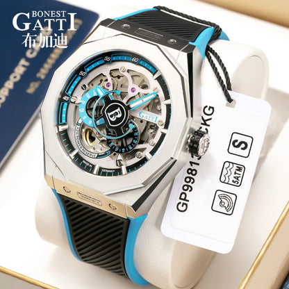 BONEST GATTI BG7601 Men Automatic Mechanical Watch Sapphire Crystal Waterproof Luminous Rubber Strap Wristwatch