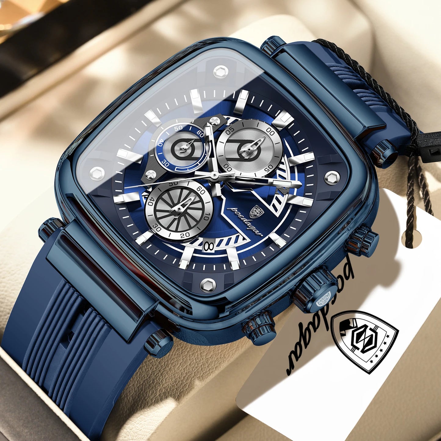 POEDAGAR Square Sport Man Wristwatch Date Waterproof Luminous Chronograph Watch For Men Silicone Strap Men's Quartz Watches Male