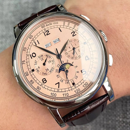 Automatic Watch for Men Multifunction Date Day Month Year 316L Mechanical Men's Watch Polished Case Day/Night Indicator 42mm