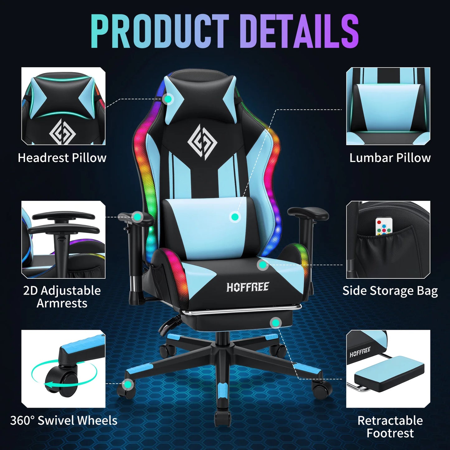 250Lbs Load LED Gaming Chair for Children 8-15 Years, Adjustable Gamer Chair with LED Lighting, Footrest & Lumbar Support