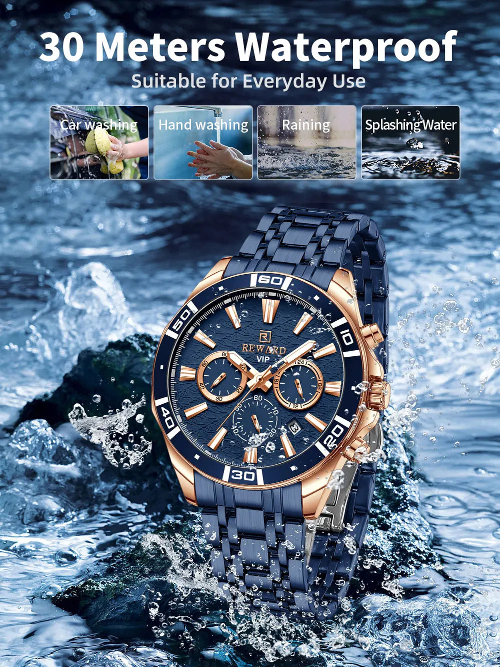 REWARD Mens Watches Waterproof  Luminous Quartz Wristwatch Business Stainless Steel Strap with gift box