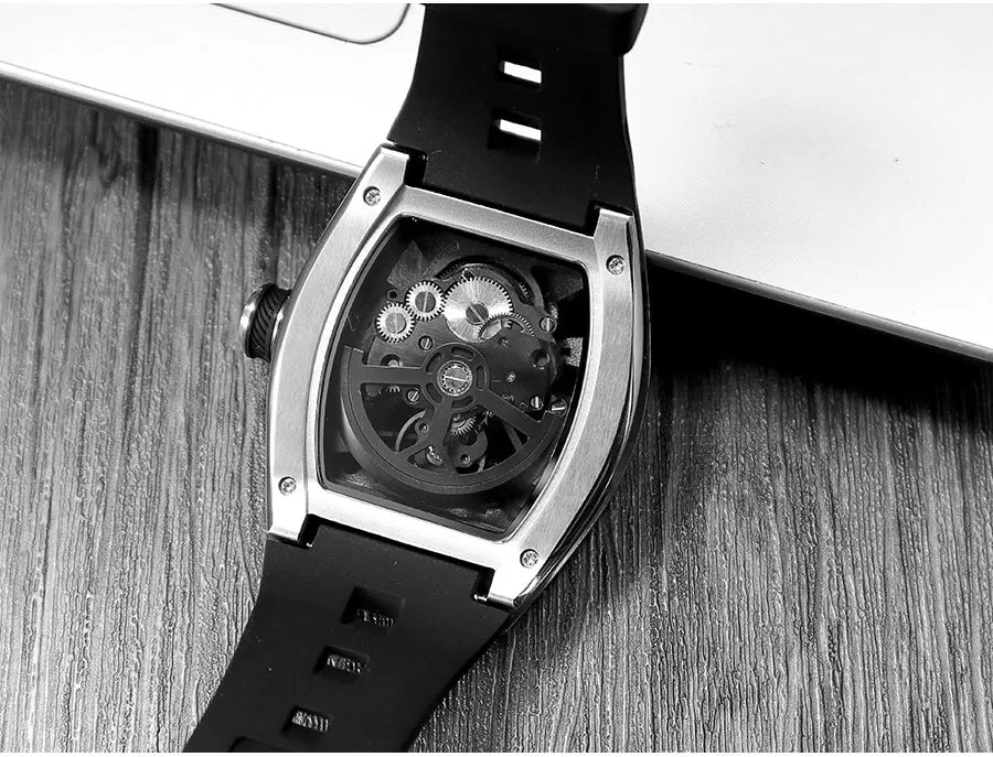 MINI FOCUS Orologio da polso da uomo fashion nero impermeabile, automatico meccanico, con lancette luminose, cinturino in silicone e quadrante tonneau