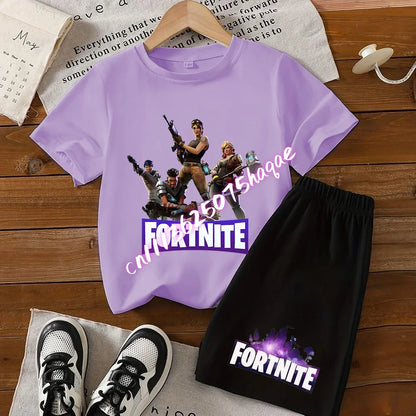 2026 New Fortnite Kids Pure Cotton Short-Sleeved Set with Cartoon Print Boys' Sport Shirt Casual Top Summer T-Shirt 2 Pieces