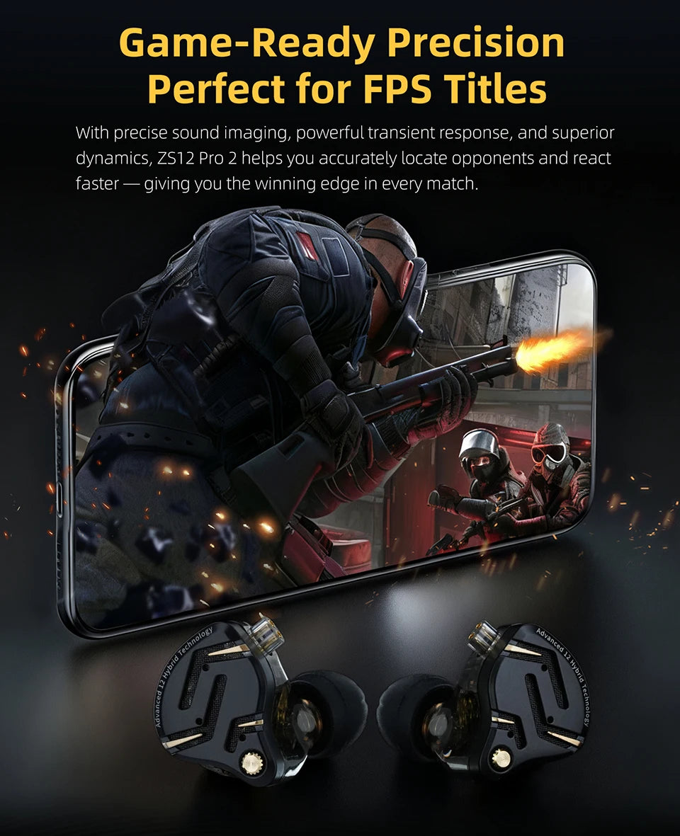 Auriculares IEM Híbridos KZ ZS12 PRO 2 – Auriculares Gaming HiFi com Fio, Graves Potentes e Drivers Superlineares