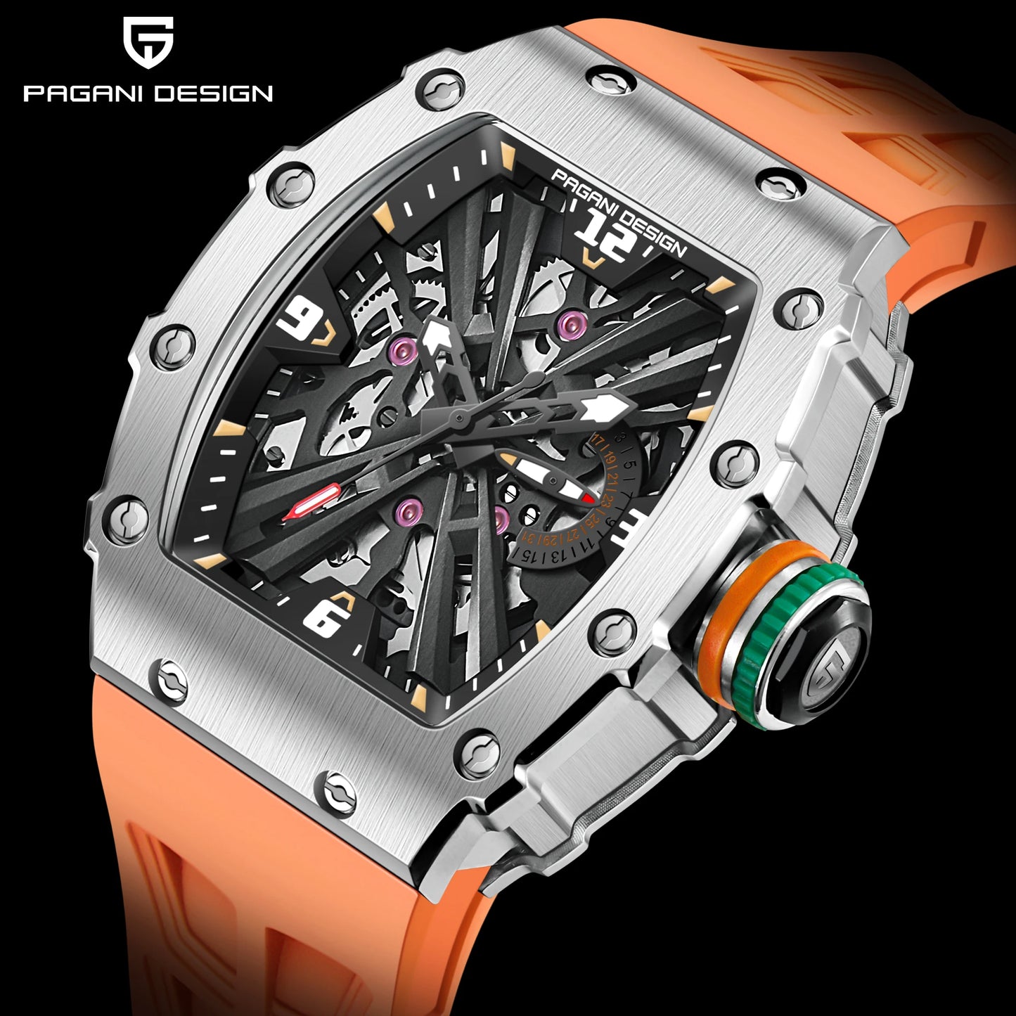 2026 Neue PAGANI DESIGN Herren-Quarzuhr VH65-Uhrwerk, Skeleton-Zifferblatt, 100M wasserdicht, sportliche rechteckige Uhr mit Saphirglas für Herren