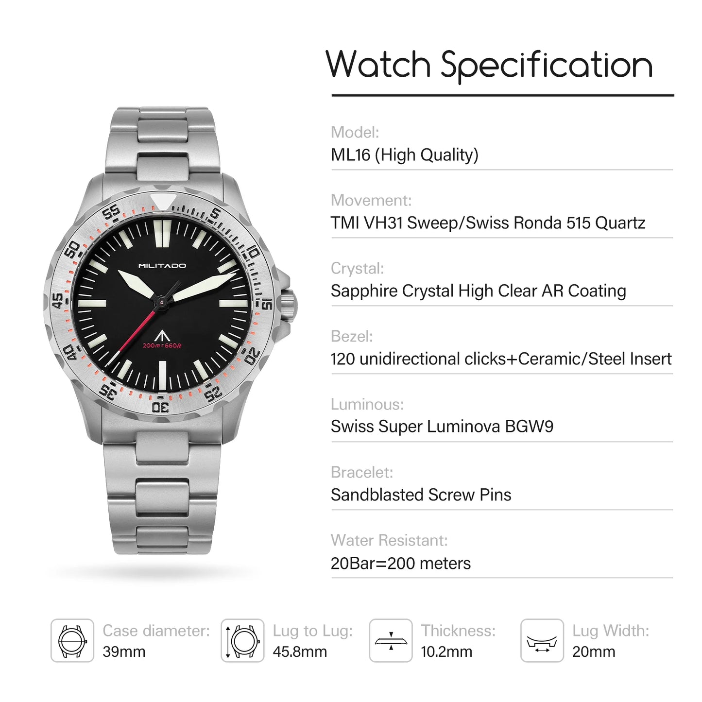 Militado ML16 PVD Black Quartz Wrist Watches VH31/Ronda 515 39Mm Retro Watch Sapphire Luminous BGW9 200M Waterproof Dive Watch