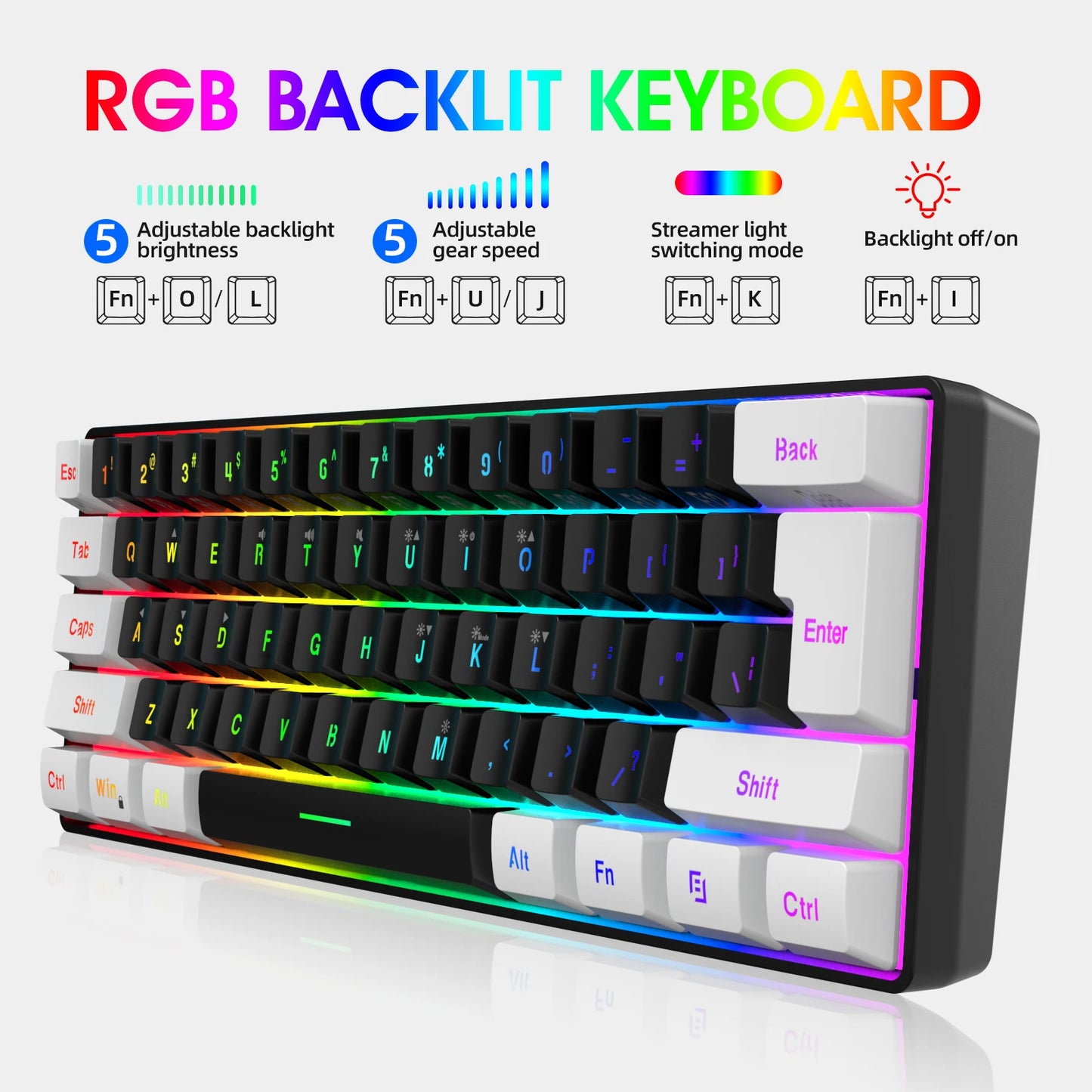 60% Gaming Keyboard Wired RGB Backlit Mini 61 Keys Membrane Keyboard Anti-Ghosting No-Conflict Ultra-Compact for Gamers