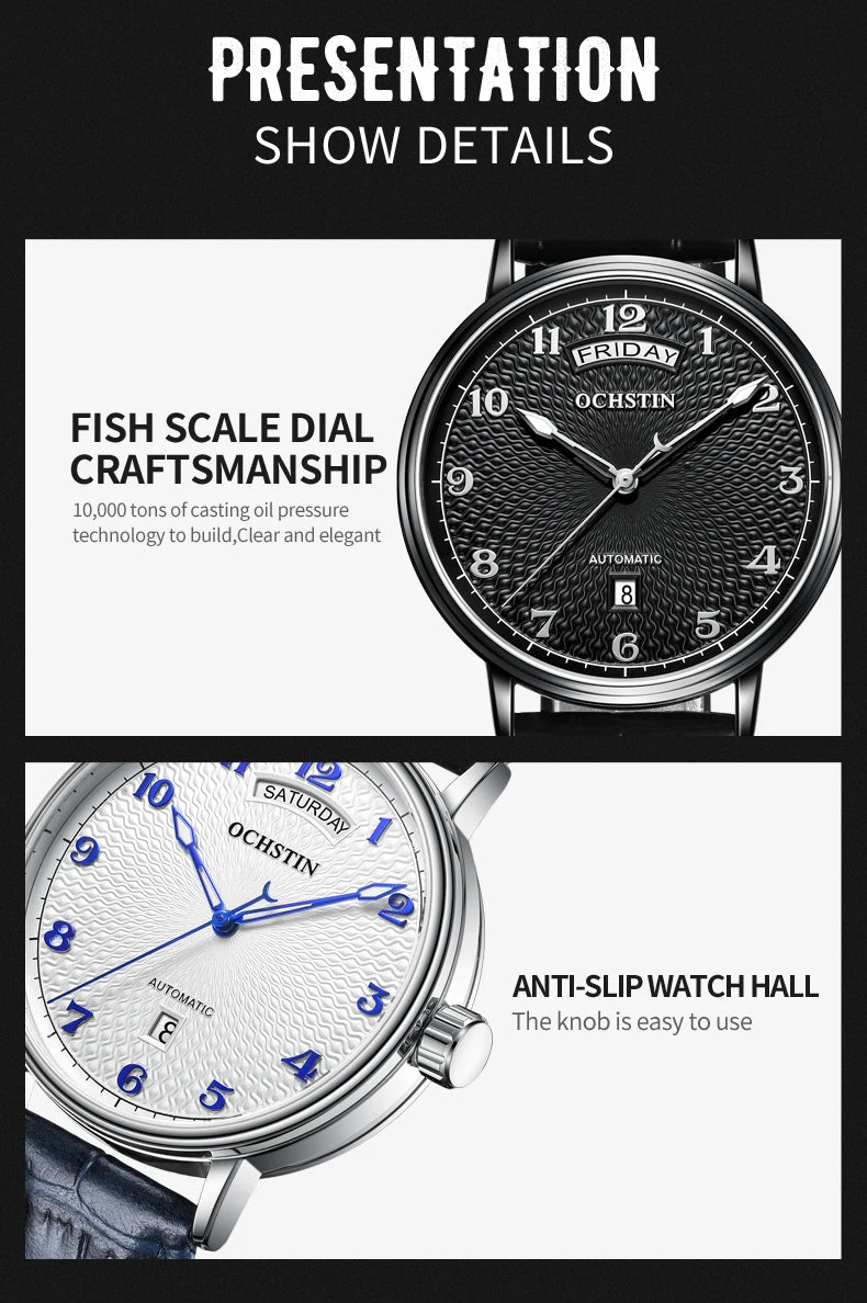 OCHSTIN Day Date Gents Watches 2025 Gift for Men Automatic Mechanical Business Wristwatches 40mm Analog Male Clock Leather Strap