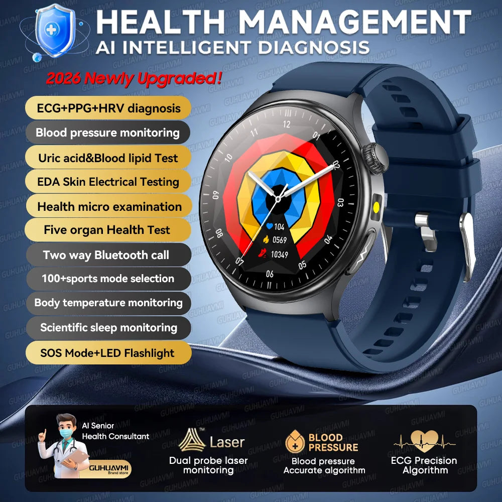 2026 AI Health Smartwatch ECG + PPG, Blood Pressure, Uric Acid & Body Fat Monitoring, AMOLED Display & Bluetooth Calling