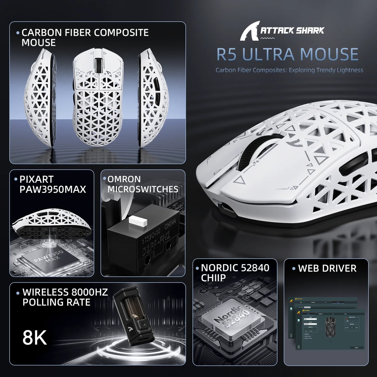 ATTACK SHARK R5 Ultra Carbon Fiber kabellose Gaming-Maus, PixArt PAW3950MAX Gaming-Sensor, 42000DPI, 8000Hz, MCU Nordic 52840