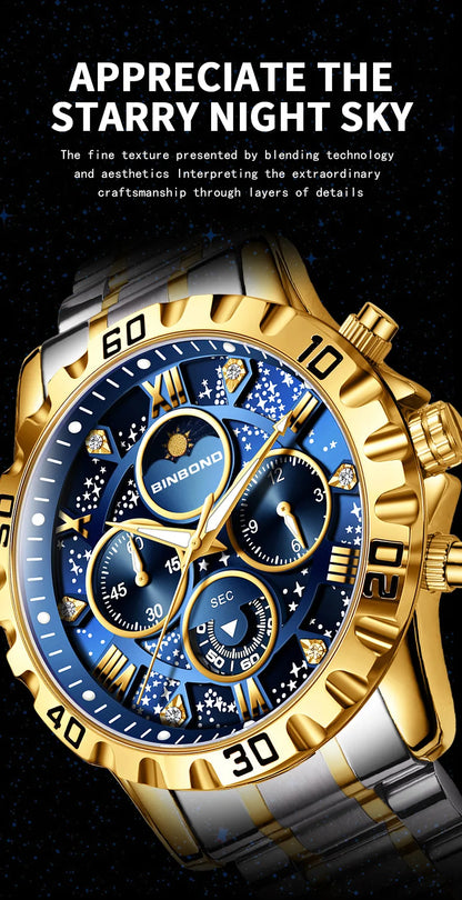 2026 Men Watch Light Luxury Business Steel Belt Moonphase Starry Night Light Waterproof Men's Fashion Quartz Clock Watches Gift