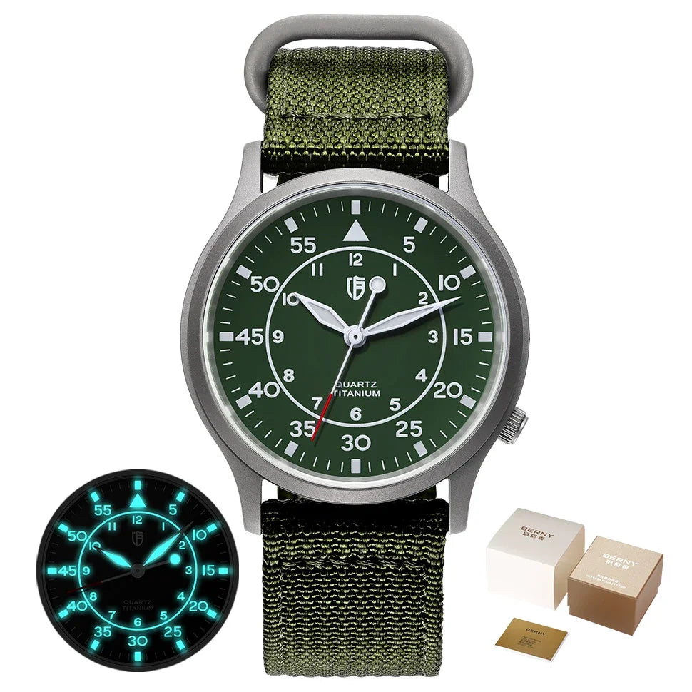 BERNY Titanium Men Quartz Watch AR Coating Sapphire Fashion Wristwatch Luminous VH31 Ultra-thin Wristwatch Waterproof 5ATM Watch