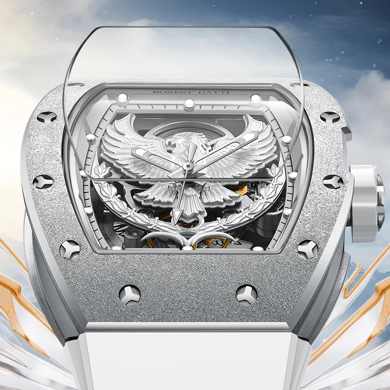 BONEST GATTI Luxury Men Hollow Automatic Mechanical Watches Tonneau Sapphire Crystal Luminous Hollow Eagle Dial Rubber Strapes