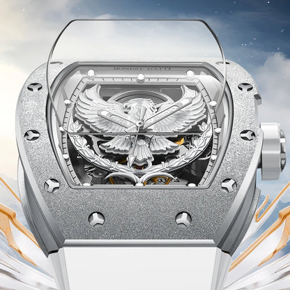 BONEST GATTI Luxury Men Hollow Automatic Mechanical Watches Tonneau Sapphire Crystal Luminous Hollow Eagle Dial Rubber Strapes