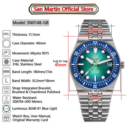 San Martin 40mm Men's Luxury Diver Watch Miyota 9015 Enamel Sunburst Dial Automatic Mechanical Wristwatch Waterproof 200m SN0148