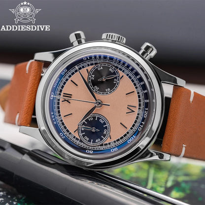 ADDIESDIVE AD2037 Men Quartz Watch Multifunctional 24 Hour Chronograph Black Dial Leather Watches  100m Dive Business Wristwatch