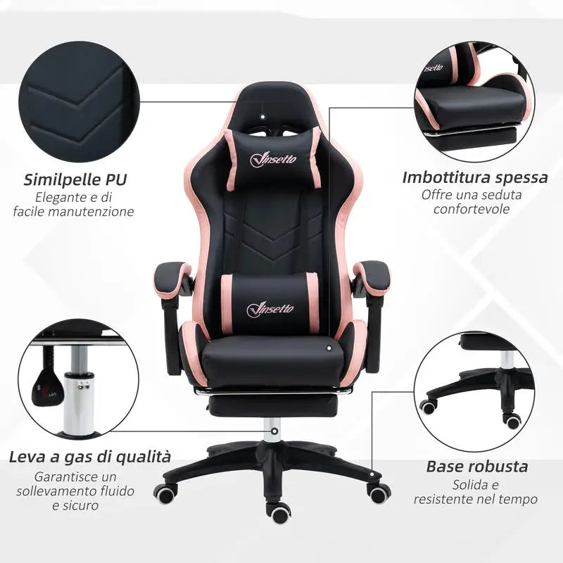 Adjustable Height Gaming Chair with Headrest, 65X65X121-129 Cm, Pink and Black