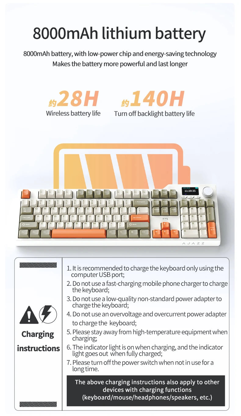 Ajazz AK35I V3 MAX 8000mAh battery Gaming mechanical keyboard Tri-mode Wired Bluetooth Wireless Hot-swappable TFT color screen